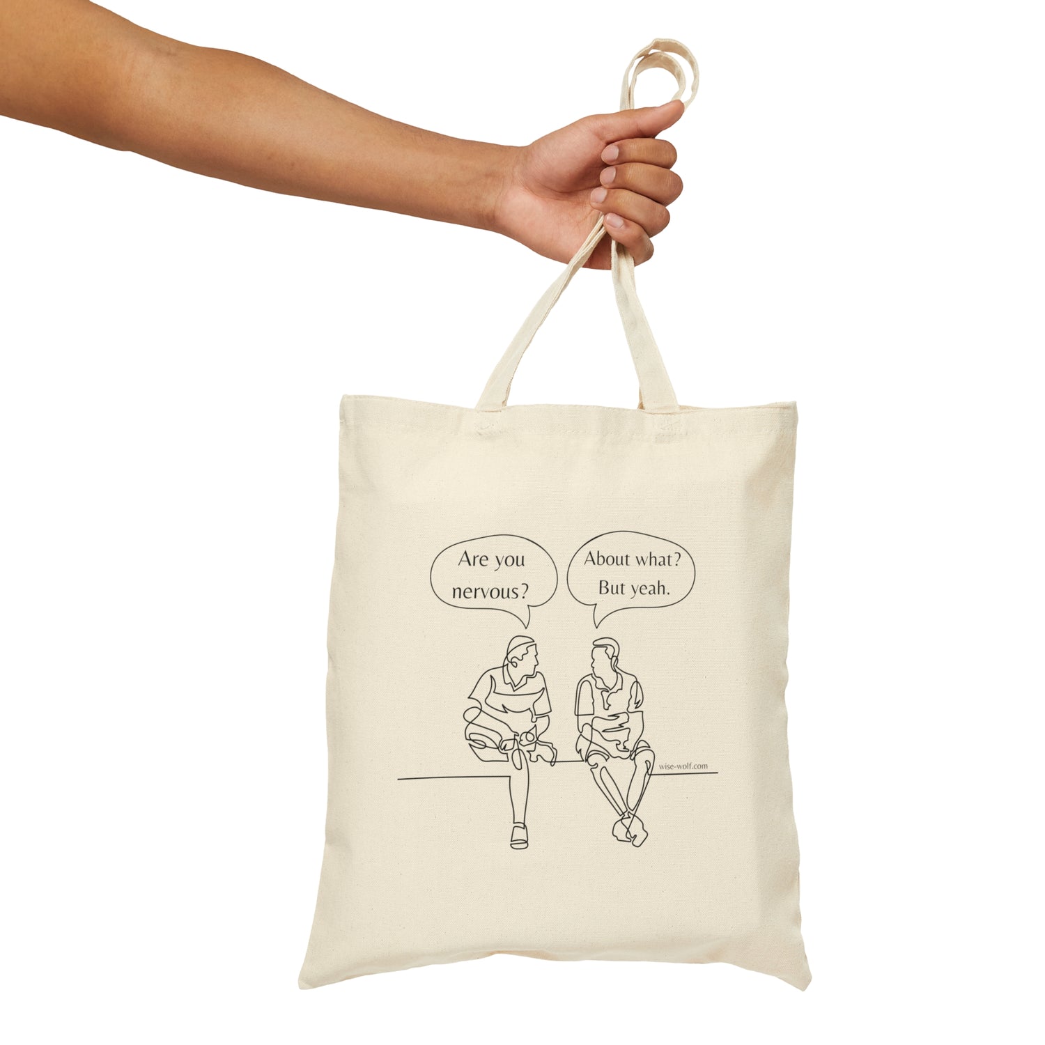 Two people sitting and talking about being nervous on a tote bag