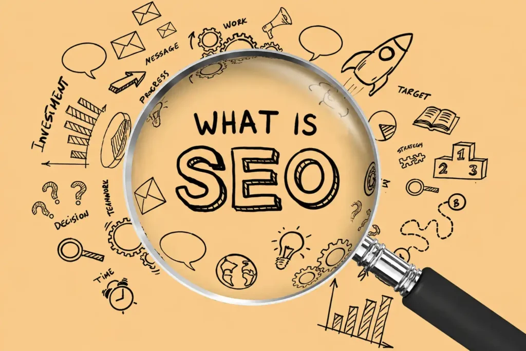 Magnifying glass over illustrated communication techniques and the phrase what is seo