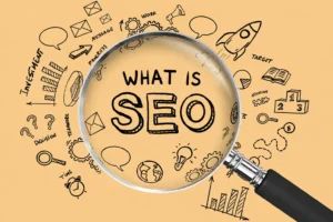 Magnifying glass over illustrated communication techniques and the phrase what is seo