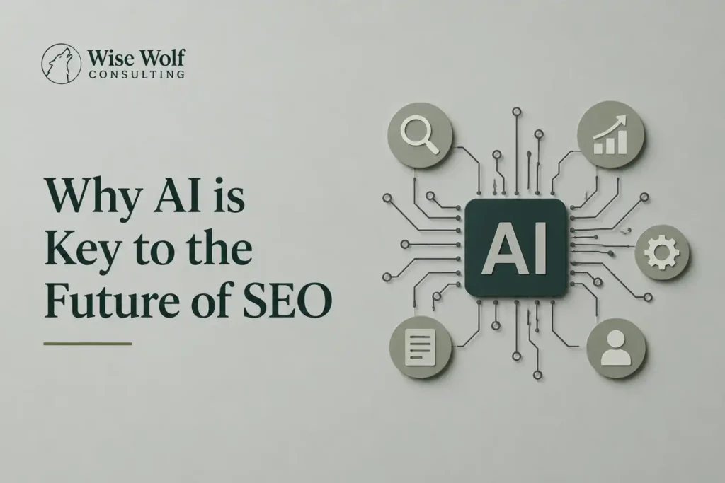 AI and SEO illustration with connected search and optimization icons
