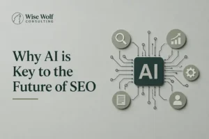 AI and SEO illustration with connected search and optimization icons