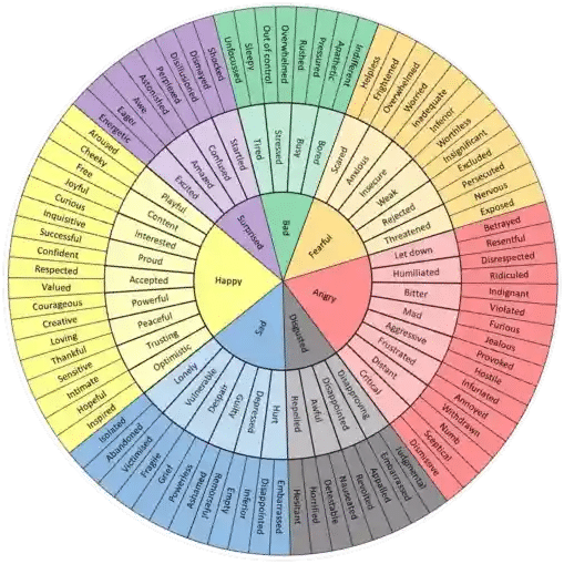 Feelings wheel used by therapists in therapy to help clients articulate emotions now used to represent effective messaging created by our mental health marketing agency