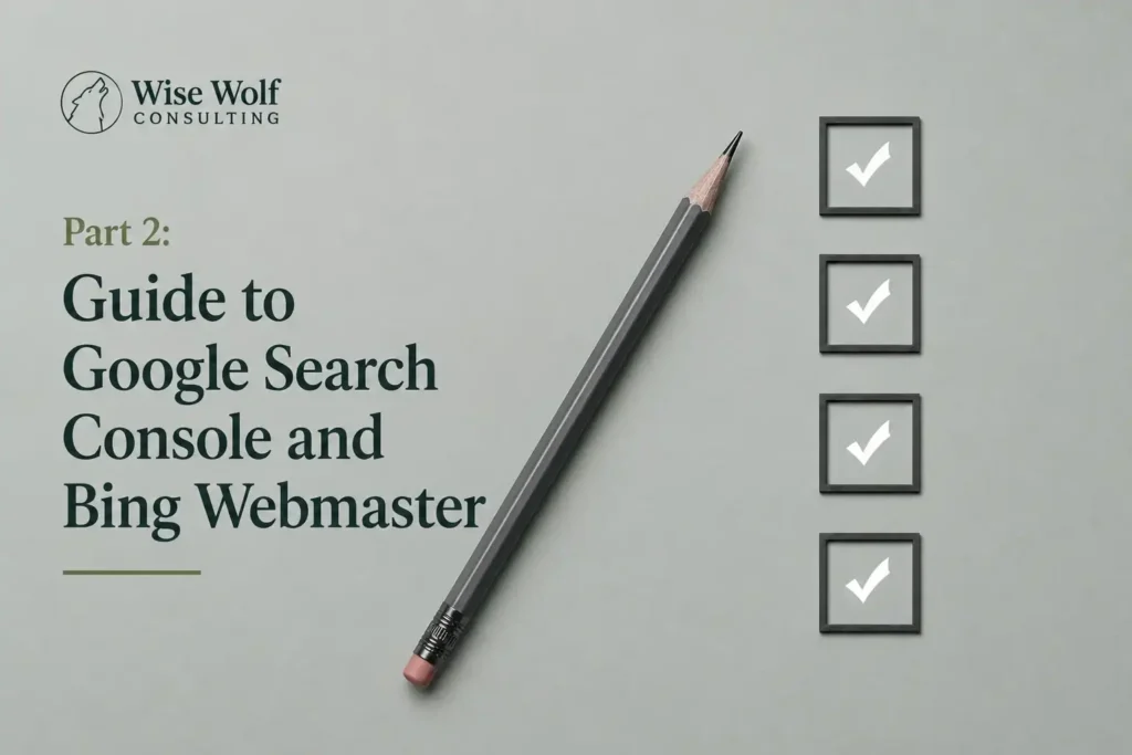 Step-by-step checklist representing the process of setting up Google Search Console and Bing Webmaster Tools for a therapy practice website