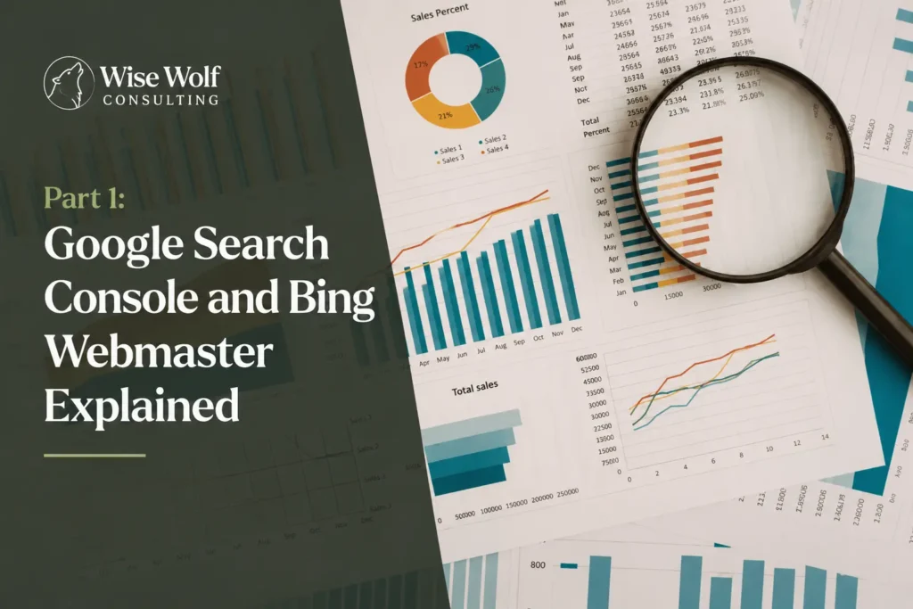 Magnifying glass over a data report representing how Google Search Console helps therapists monitor search visibility