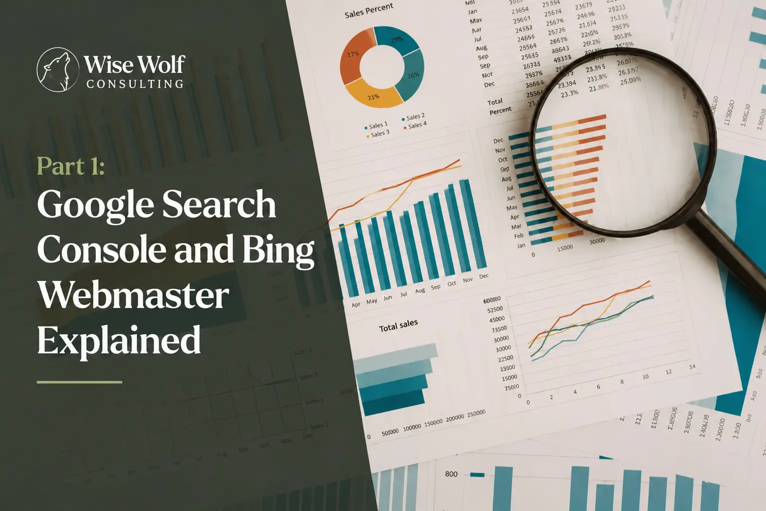 Magnifying glass over a data report representing how Google Search Console helps therapists monitor search visibility