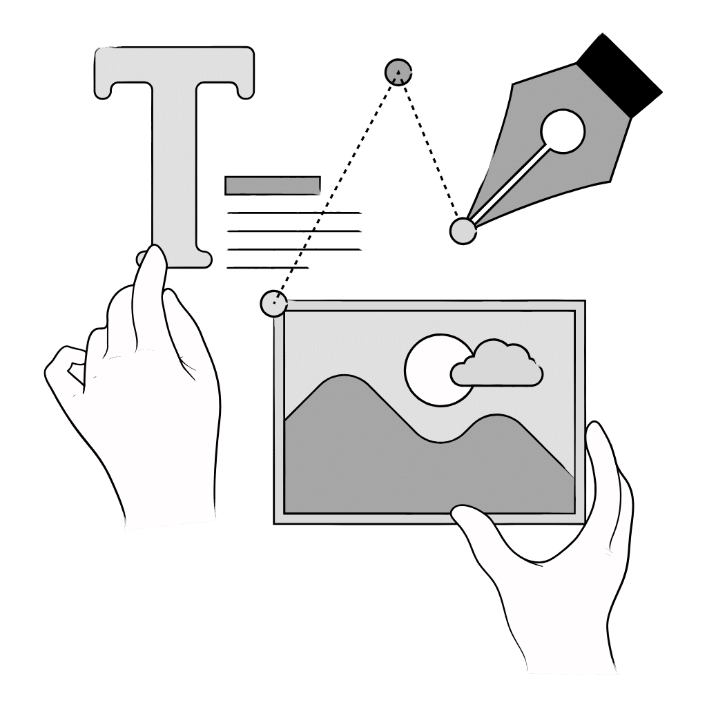 Illustrated hand connecting the key components of a website designer and seo service including typography, copy, keywords, and images into a cohesive whole