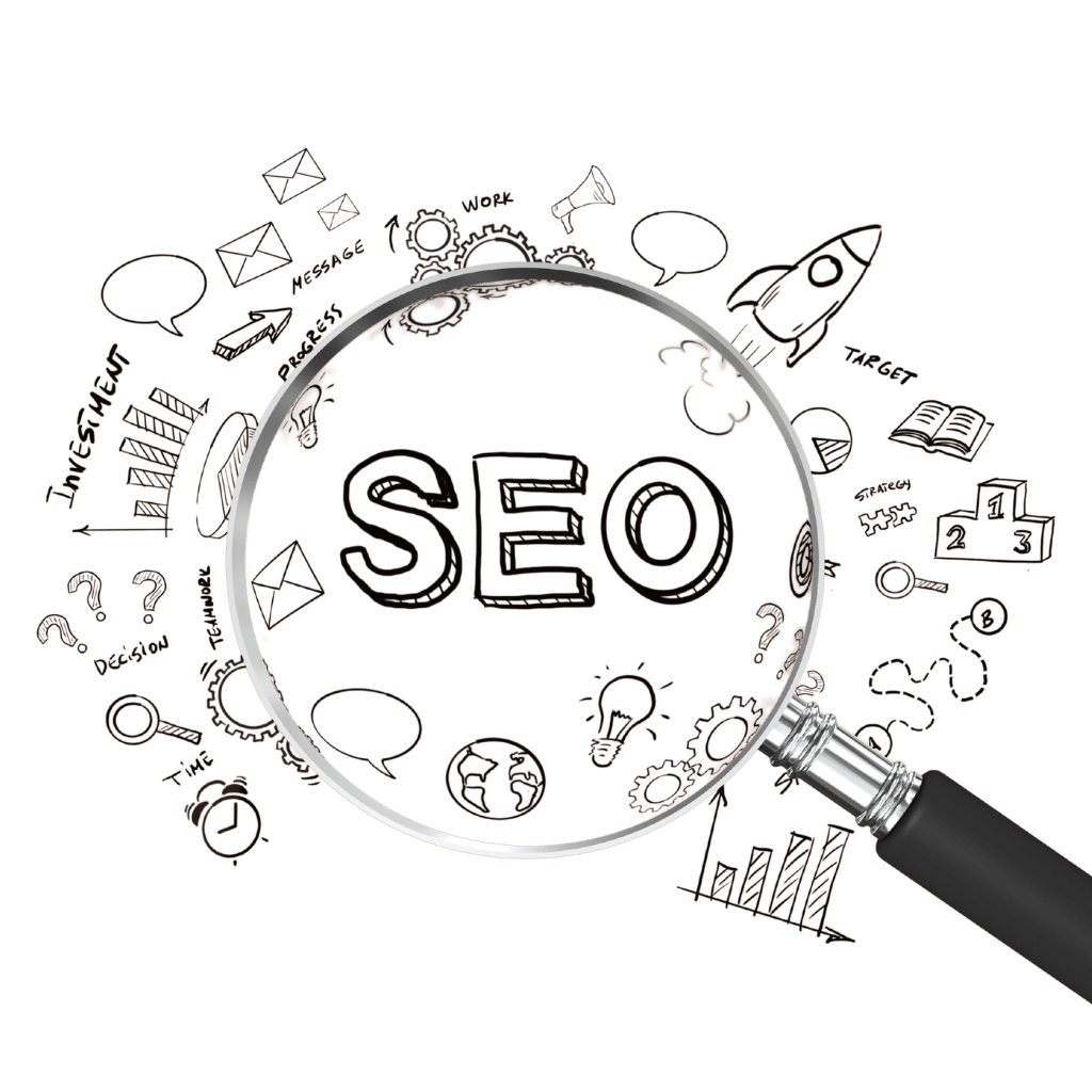 Illustrated magnifying glass zooming in on SEO with surrounding icons representing key SEO for professional services elements like keywords, links, and analytics