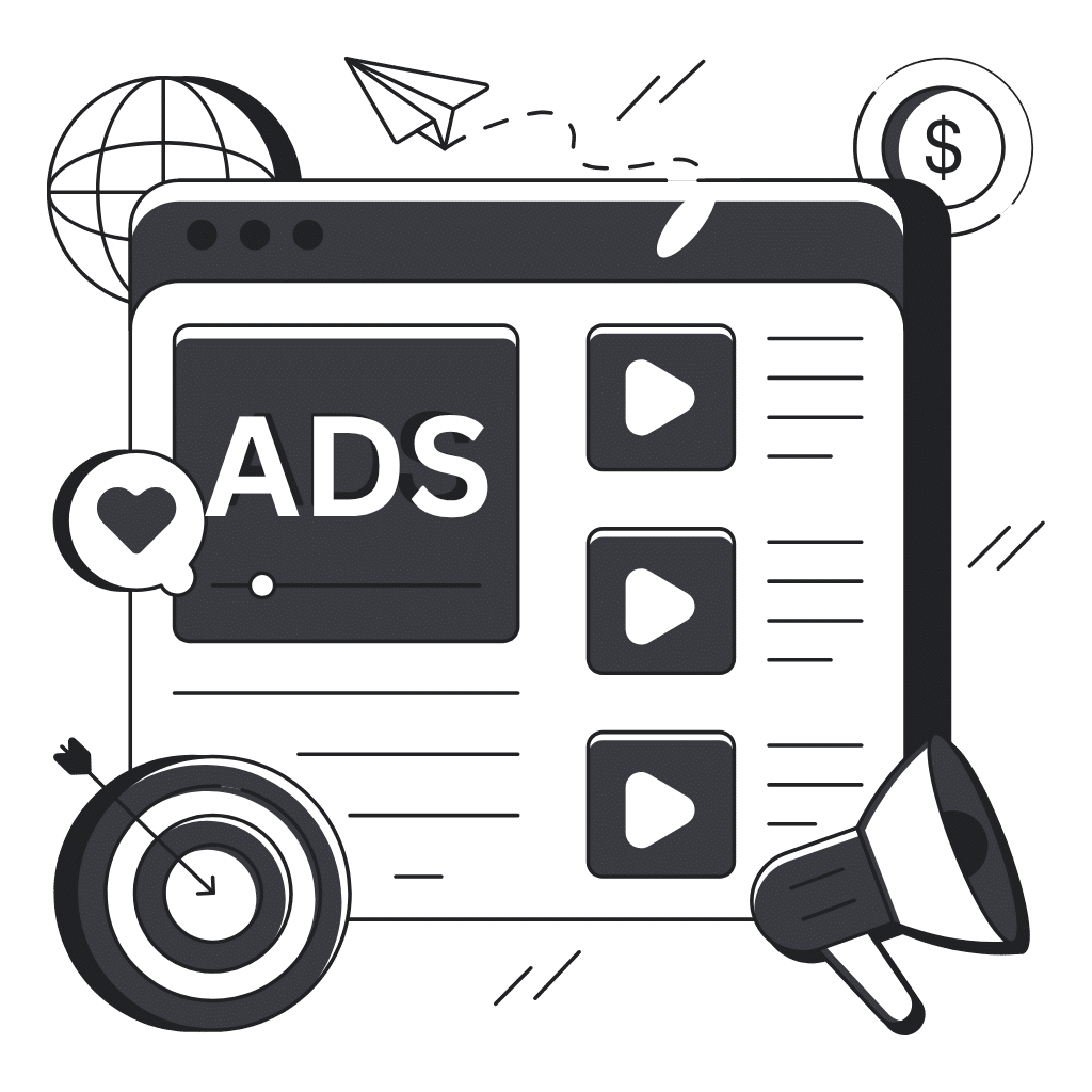 Computer screen drawing displaying ads, chat messages, and hearts with a money sign, representing social media advertising results and ROI