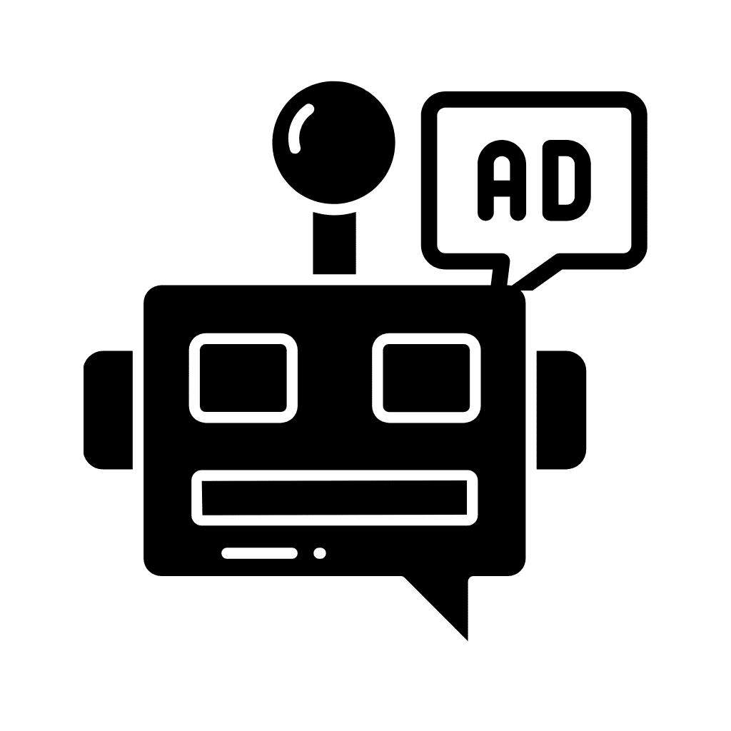 Illustration of a robot displaying an ad speech bubble, symbolizing ChatGPT Ads