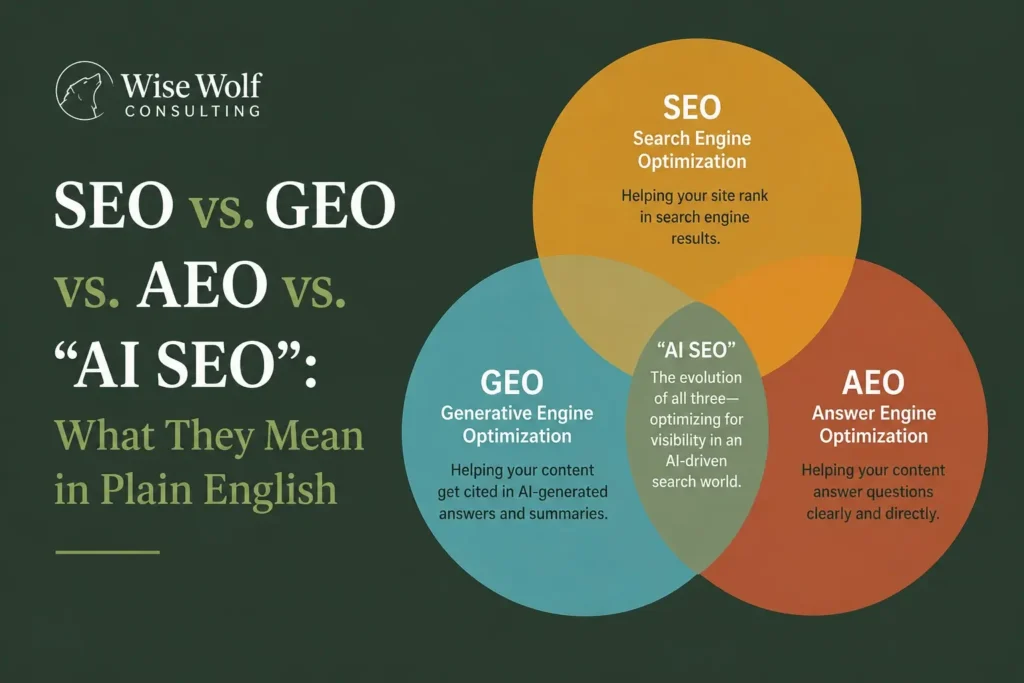 Overlapping circles diagram illustrating how SEO, GEO, AEO, and AI SEO relate to each other for therapy practice online visibility