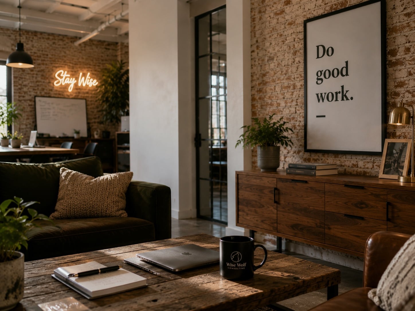 Wise Wolf Consulting office featuring a collaborative workspace, a “Stay Wise” neon sign, and a framed “Do Good Work” print reflecting the company’s values.