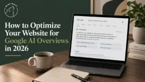 computer on desk with close up of google ai overviews screen